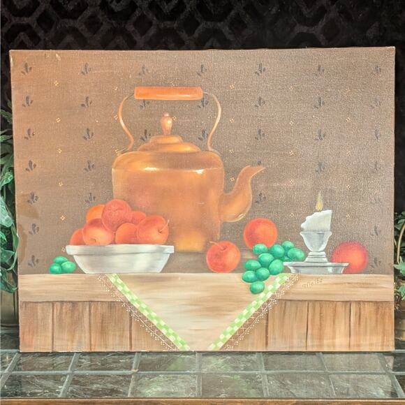 20x16 Vintage Unframed Original Oil Copper Tea Kettle Still Life Painting, Melba